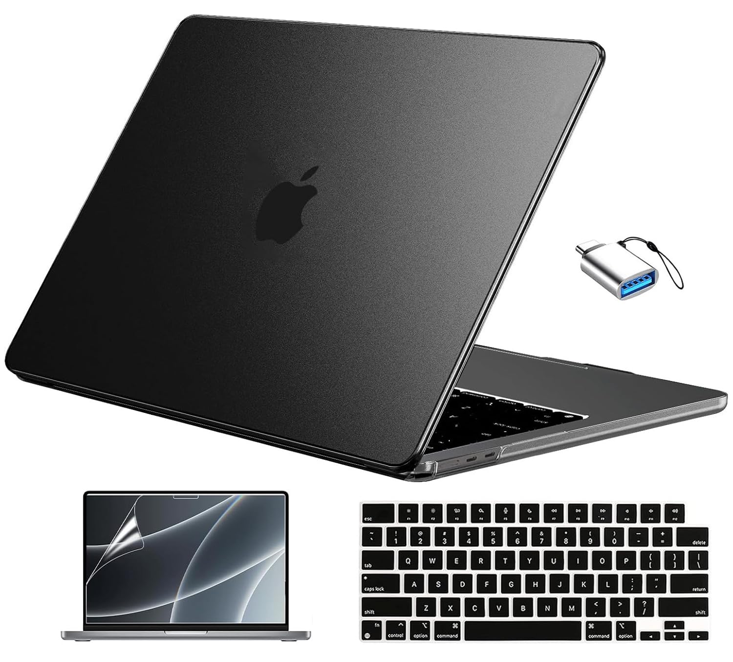 EooCoo Compatible with MacBook Air 13 inch Case 2025 2024-2022 M4 M3 M2 Model A3240 A3113 A2681, Mac Air 13.6 inch Matte Hard Shell & Keyboard Cover & Screen Film & Type-C, Frost Black