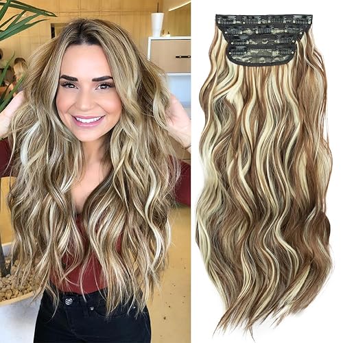 Extensiones de cabello sintético con pinzas, largo y ondulado, 4 piezas gruesas, fibra de doble trama para mujer (20 pulgadas, castaño con reflejos
