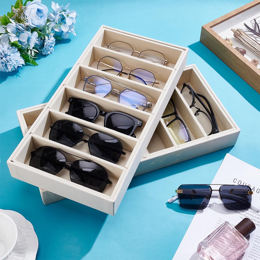 UNICRAFTALE 2Pcs Rangeur Velours pour Lunettes de Soleil Plateau Organisateur 6 Cases Beige Plateau de Présentation pour Lunettes et Bijoux Empilable Tiroir de Rangement pour Montres 38x19x4.6cm