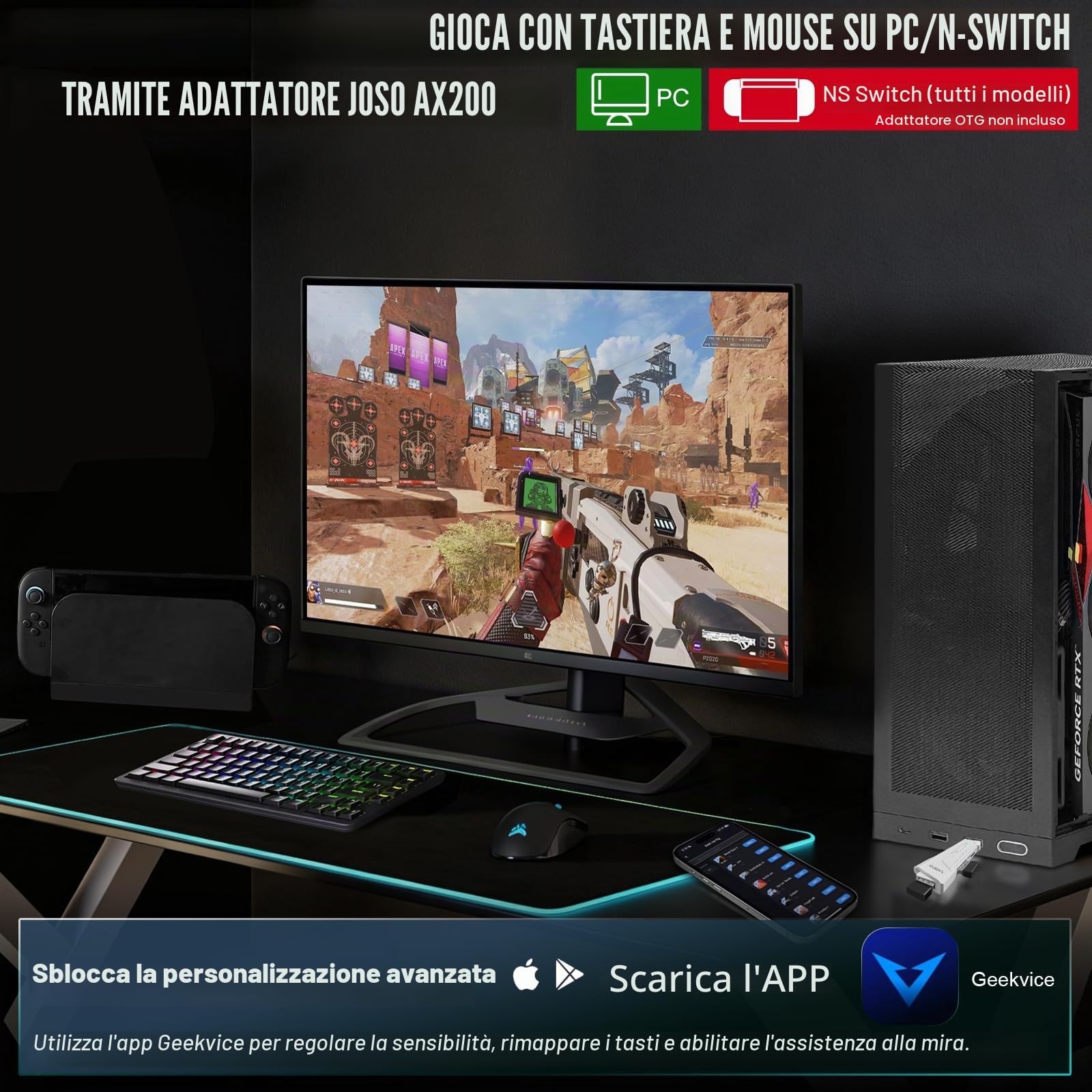 Joso AX200 Mouse Computer e Gaming Tastiera Adattatore per PC Supporto Key Mapping, Aim Assist, Recoil Control, Smart Joystick, TPS, FPS, Perfetto per APEX, Giochi COD
