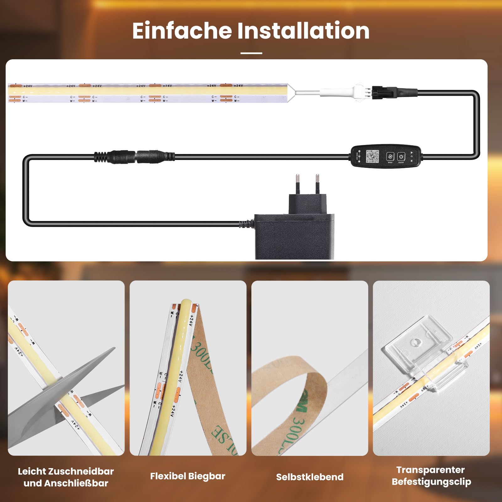 Taśma Led 10 m ciepła biel COB kompatybilna z Bluetooth, 3000 K do 6500k Ultra Bright Led Strip o zmiennej intensywności, lampa Led Cob z pilotem i aplikacją do mebli sypialni