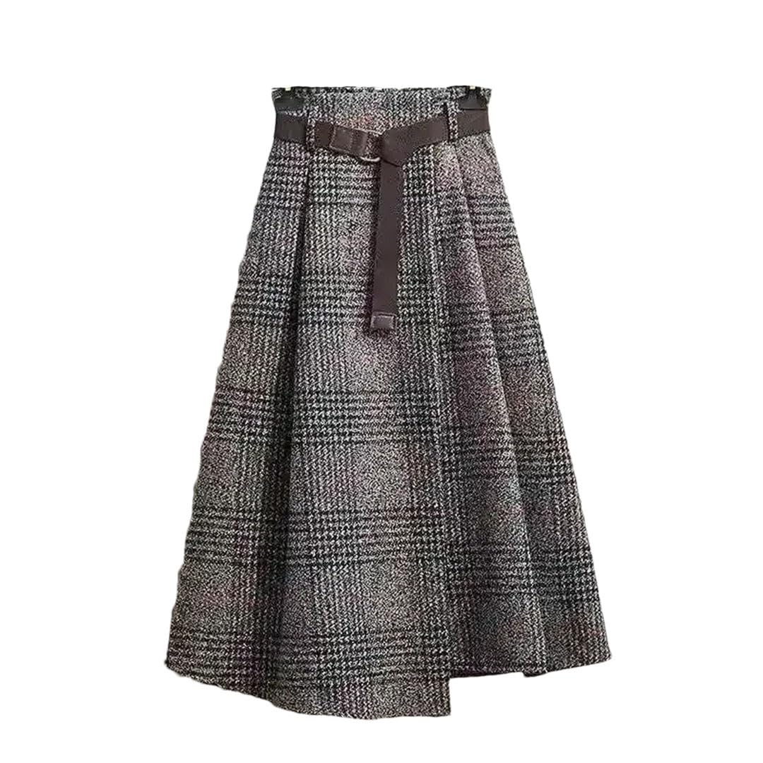 Womens Retro Midi-Length Irregular High-Waisted Wool Plaid Loose Thickened A-Line Skirt