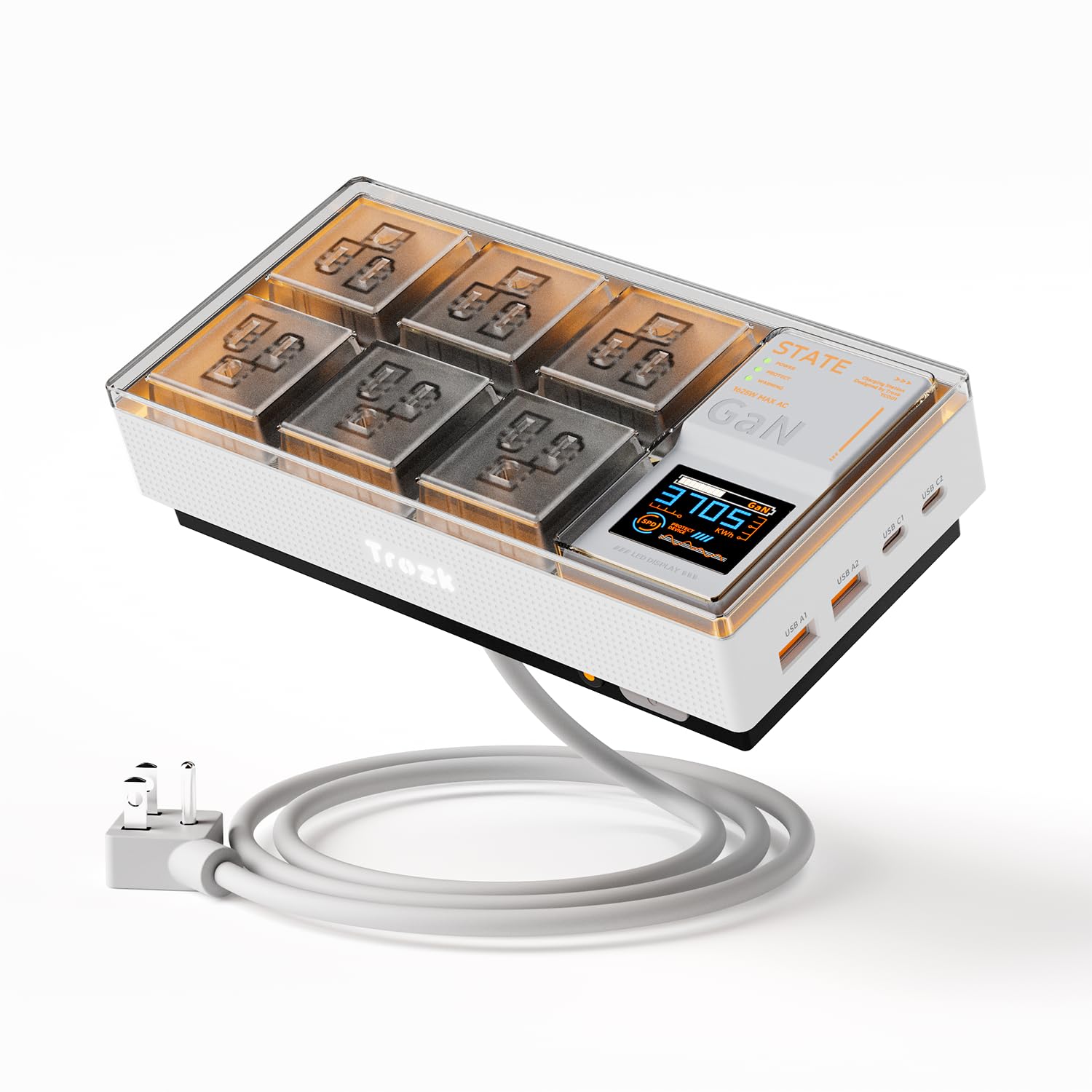 Trozk Surge Protector Power Strip, 6 Outlets with 2 USB A and 2 USB C Port for Multiple Devices, Color Digital Screen, 65W Power Delivery Charging for Home, Office, Dorm Essential (White)