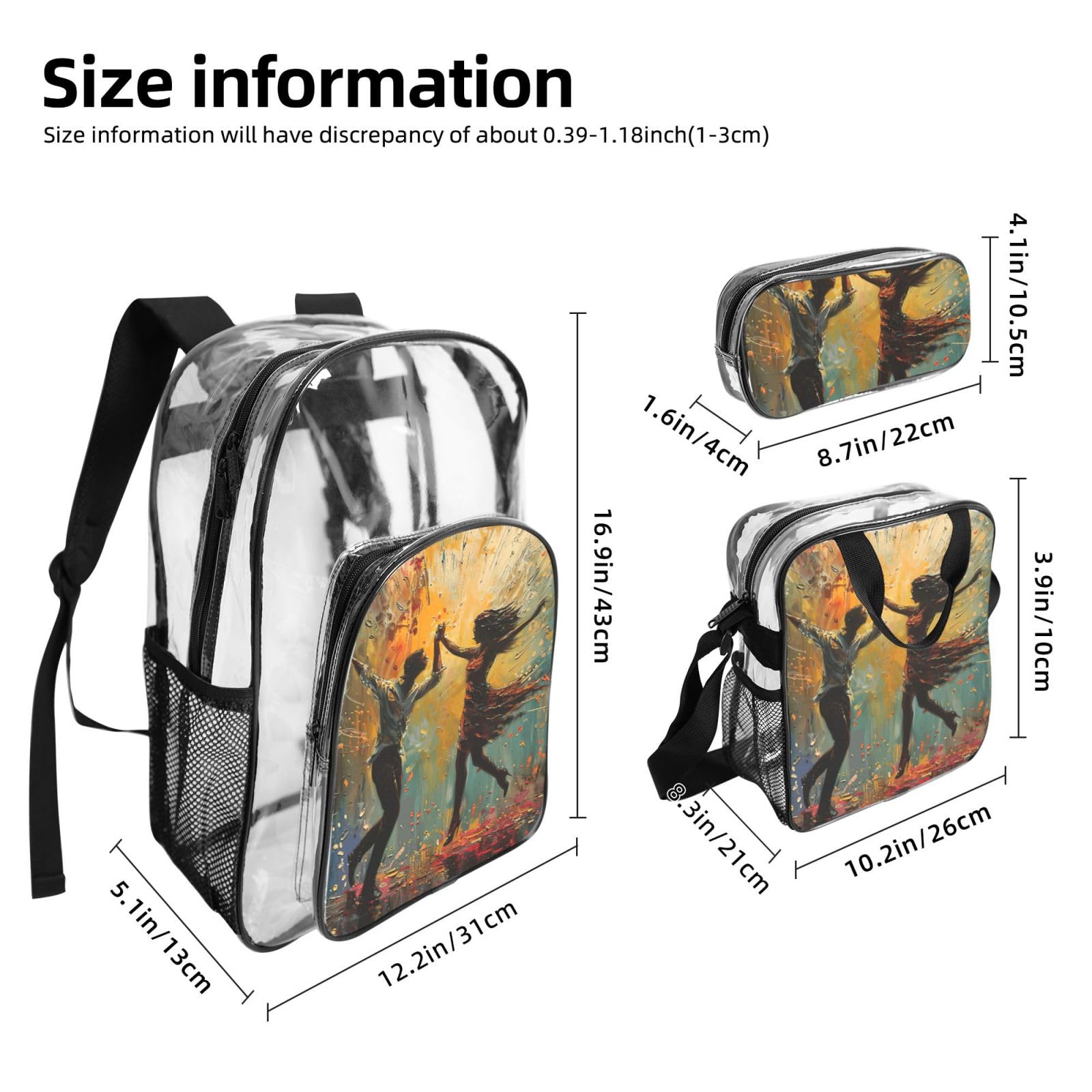 Dance With Music Print 3-Piece Trasparente Zaino Set Per Viaggi Avventure All'aperto Vacanze Borsa Trasparente