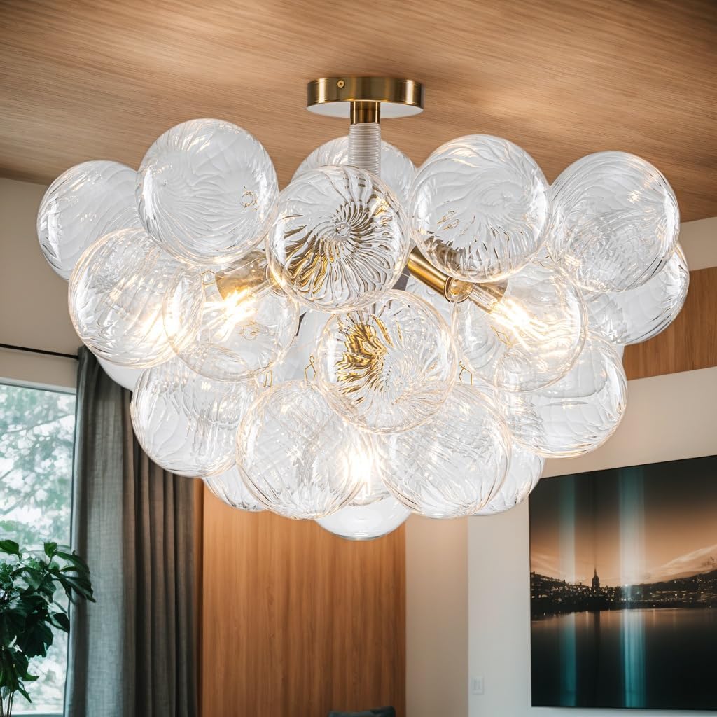 Bubble Chandelier Light Fixture,Dia 24" Gold Bubble Ball Swirled Semi Flush Mount Ceiling Light Fixture,Bubble Glass Chandelier for Dining room,Living room,Bedroom (JR1595:White+Gold, 24"Dia)