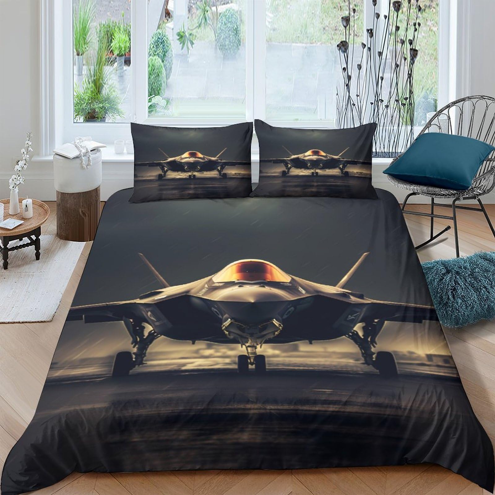 Ctjqhvkz Style-5 3D Printed Fighter Jet Fitted Sheet Microfiber Black Gold Aircraft Bed Cover For Bedroom Dorm Mattress Protection Decor Single（135X200cm）