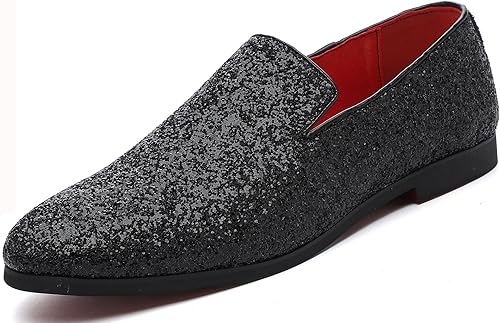Haza Pairs Pantuflas brillantes para hombre, con lentejuelas metálicas, con textura, esmoquin con purpurina, mocasines de graduación, zapatos de