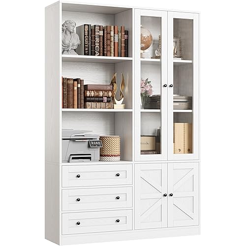 IRONCK Bookshelf with Drawers, 70.63 inch Tall Bookcase with Farmhouse Doors, 6 Tiers Book Shelf with Acrylic Doors, Bookshelves and Bookcases for Home Office, Living Room, Bedroom, White
