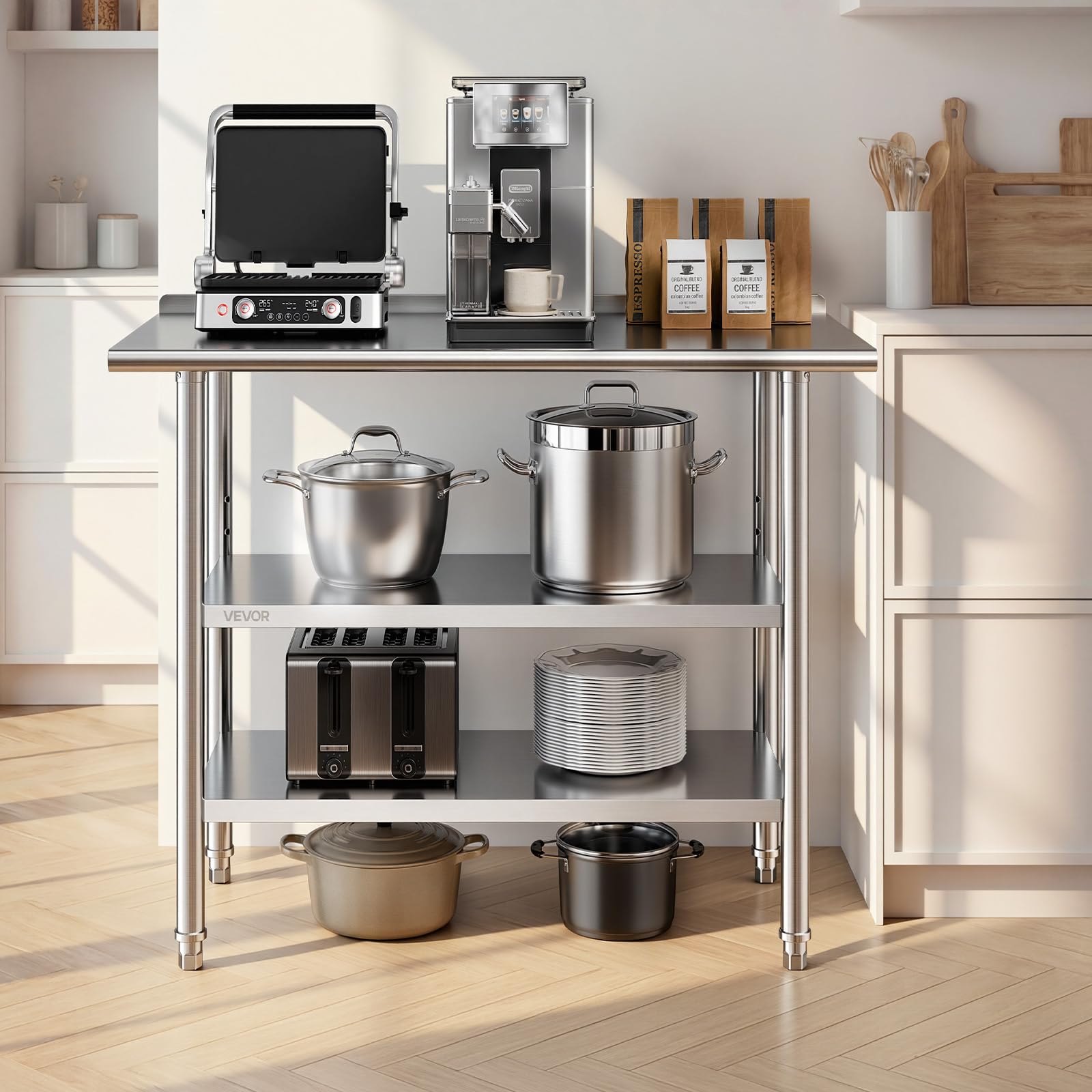 VEVOR Mesa de Trabajo de Acero Inoxidable 3 Niveles, Mesa de Preparación de Alimentos 121,9x61x86,4 cm, Estante Inferior Ajustable, Protector contra Salpicaduras, para Restaurantes, Bares, Hoteles