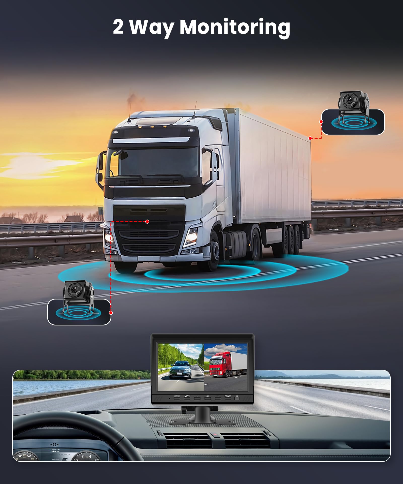 VECHTEL 2*Rückfahrkamerakabel mit 7"-Monitor, Einparkhilfe, 18-LED-Rückfahrkamera, Nachtsicht/IP68 wasserdicht für SUVs, Loop-Videoaufzeichnung mit 64-GB-SD-Karte, 12–24 V DC