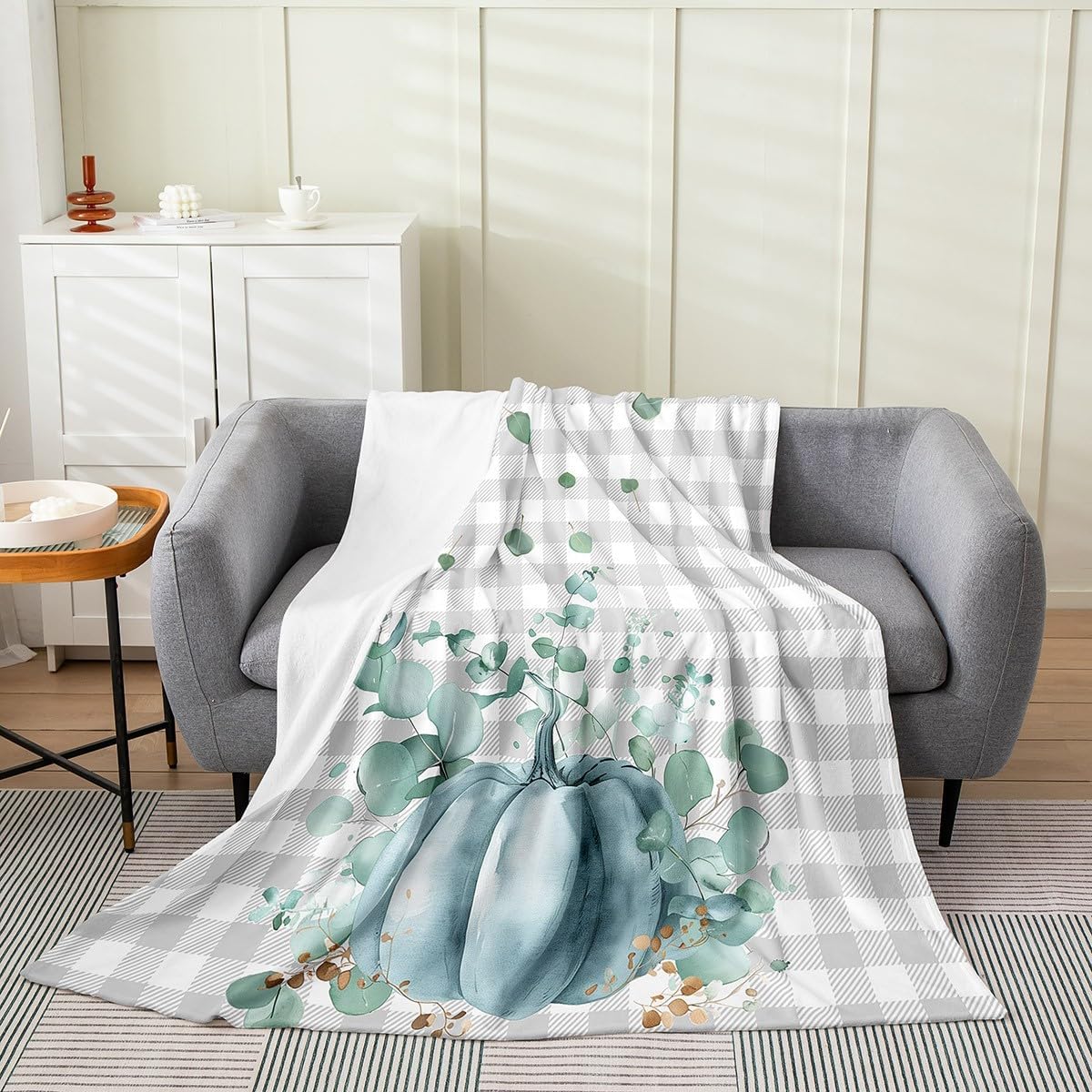Pumpkin Throw Blanket Green Rose Floral Fleece Blanket for Teens Boys Girls Fall Leaves Thanksgiving Sherpa Blanket Geometric Plaid Bed Blanket for Bed Couch Harvest Season Flannel Blanket, Twin