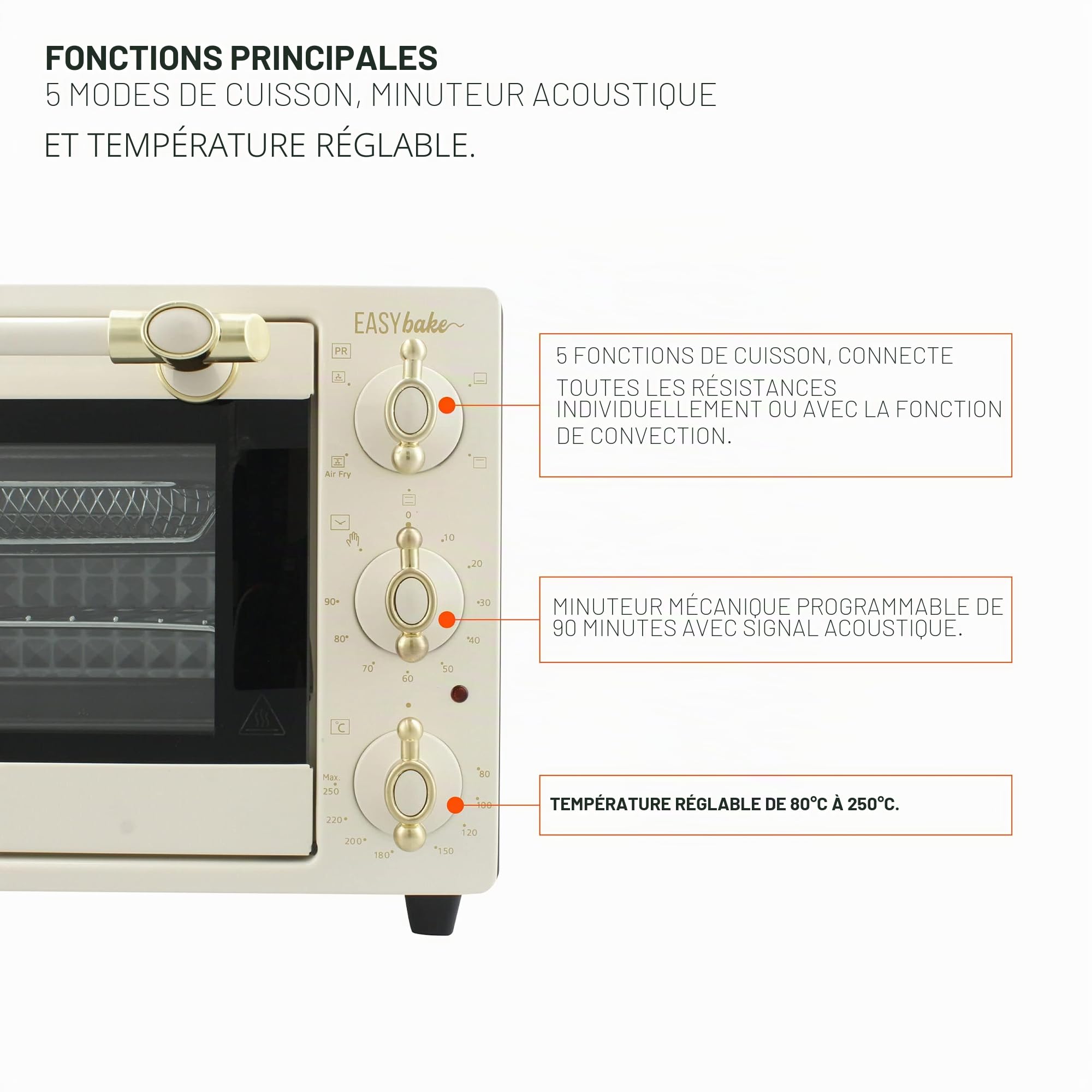 TM Electron EASYBAKE TMPHO020REB Mini four design rétro avec fonction friteuse sans huile, 20 litres, température réglable de 80 °C à 250 °C, 5 fonctions, 4 accessoires inclus
