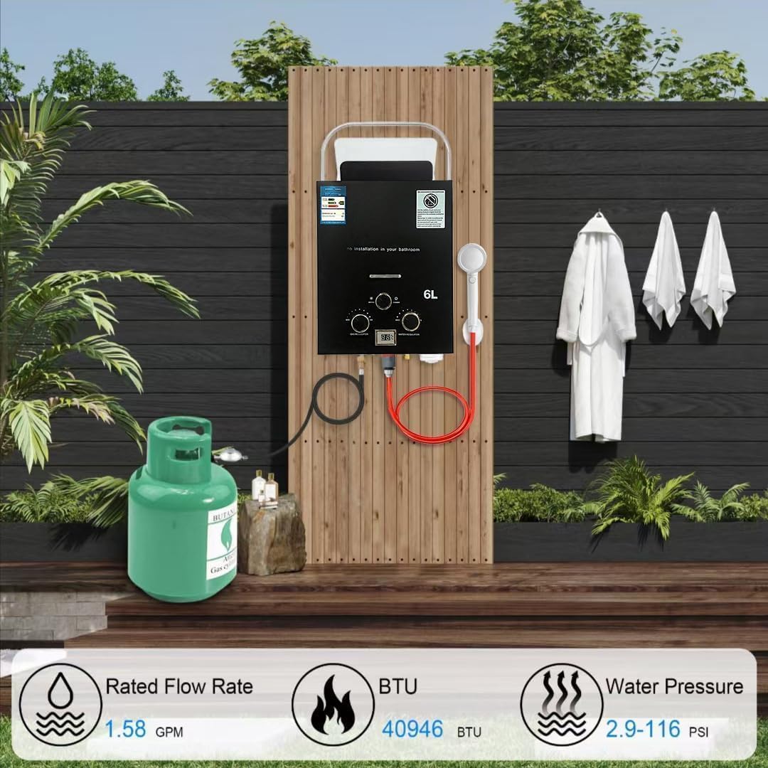 6L Chauffe Eau Gaz, 12KW Chauffe eau Instantané, Chauffe eau Camping Car, Chauffe Eau Portable pour Propane(28-30mbar)/Butane(37-50mbar), pour Camping, RV Voyage, Hiver et Été (Noir)