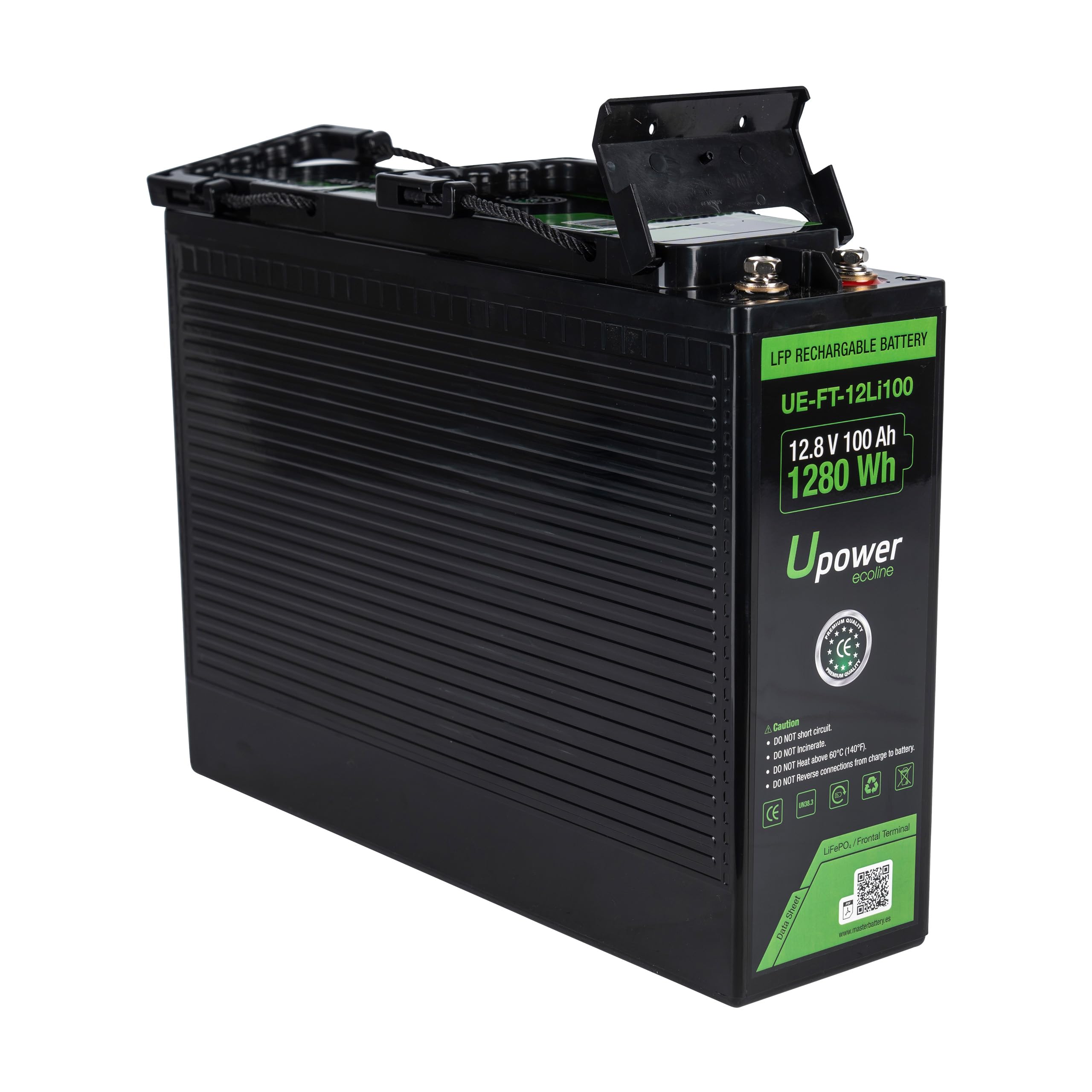 Batería Frontal de Litio LiFePO4 de 12V 100Ah, Ciclo profundo 3000 al 100% / 12.8V 1280Wh