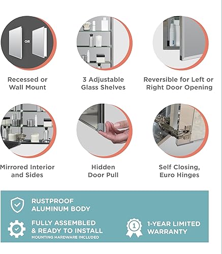 Miniatura 4 de Zenna Home Botiquín de baño con espejo, gabinete de pared de baño sin marco con cuerpo de aluminio a prueba de óxido, 3 estantes de vidrio