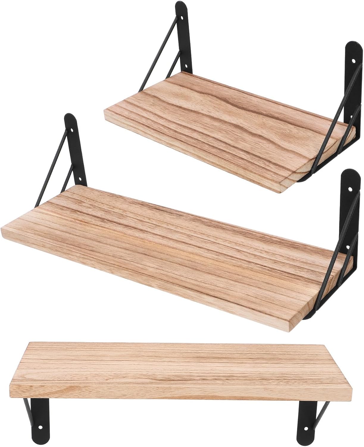 Modern Wall Mounted Floating Shelf Set, 3pcs Light Wood Wall Organizer, Rustic Style Floating Shelves for Living Room Bedroom Office Décor