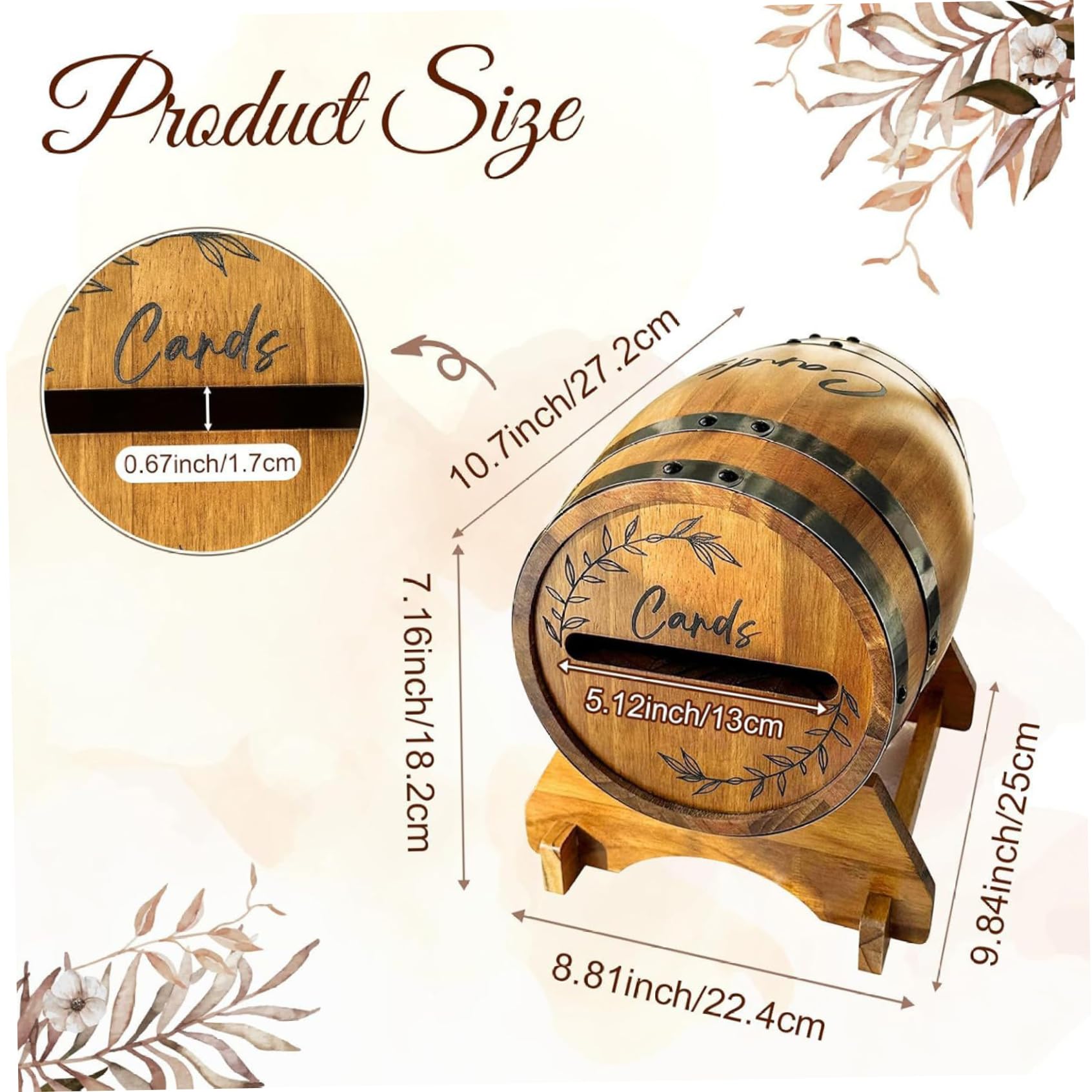 Scatola per biglietti di matrimonio, rustica in legno, marrone, 10 pollici | Forma rustica di botte di whisky, contiene oltre 150 carte, ideale per matrimoni e feste