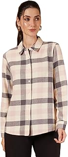 9 impression Women's Cream & Pink Checkred Full Sleeves Flannel Collared Shirt Style Top | Oversized Shirt for Women | Casual Check Tops for Women-picture-49