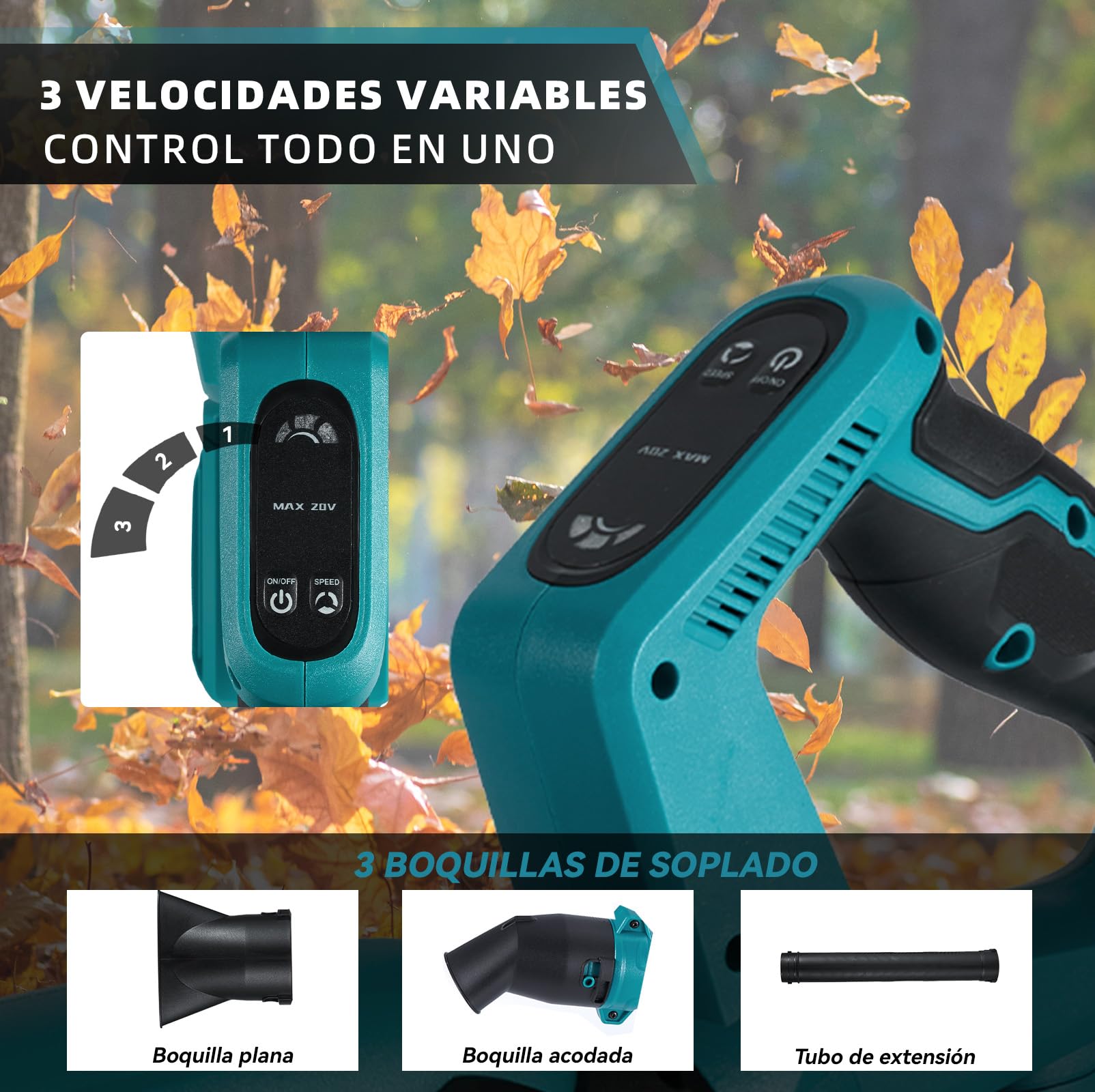 YOFIDRA Soplador de Hojas Batería 280 km/h, Soplador con 2 Baterías de 3.0 Ah, 3 Velocidades, Mango Ajustable de 270°, Doble Entrada de Aire, 13 000 RPM, para Patio, Césped, Jardín