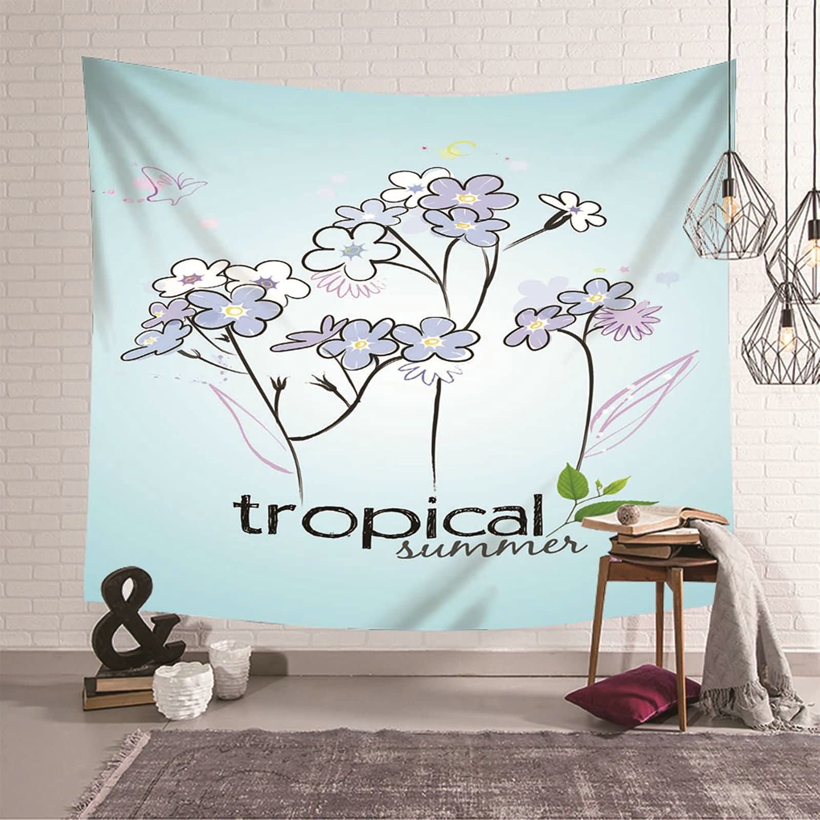 Tapiz de pared KnSam con mariposas y flores, poliéster lila y blanco de 150x130 cm
