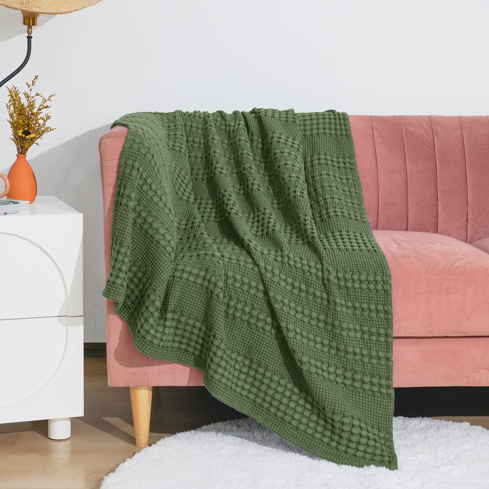 PHF 100% Cotton Waffle Weave Throw Blanket - Washed Soft Lightweight Blanket for All Season - Breathable and Skin-Friendly Blanket for Couch Bed Sofa 50"x60"- Olive Green