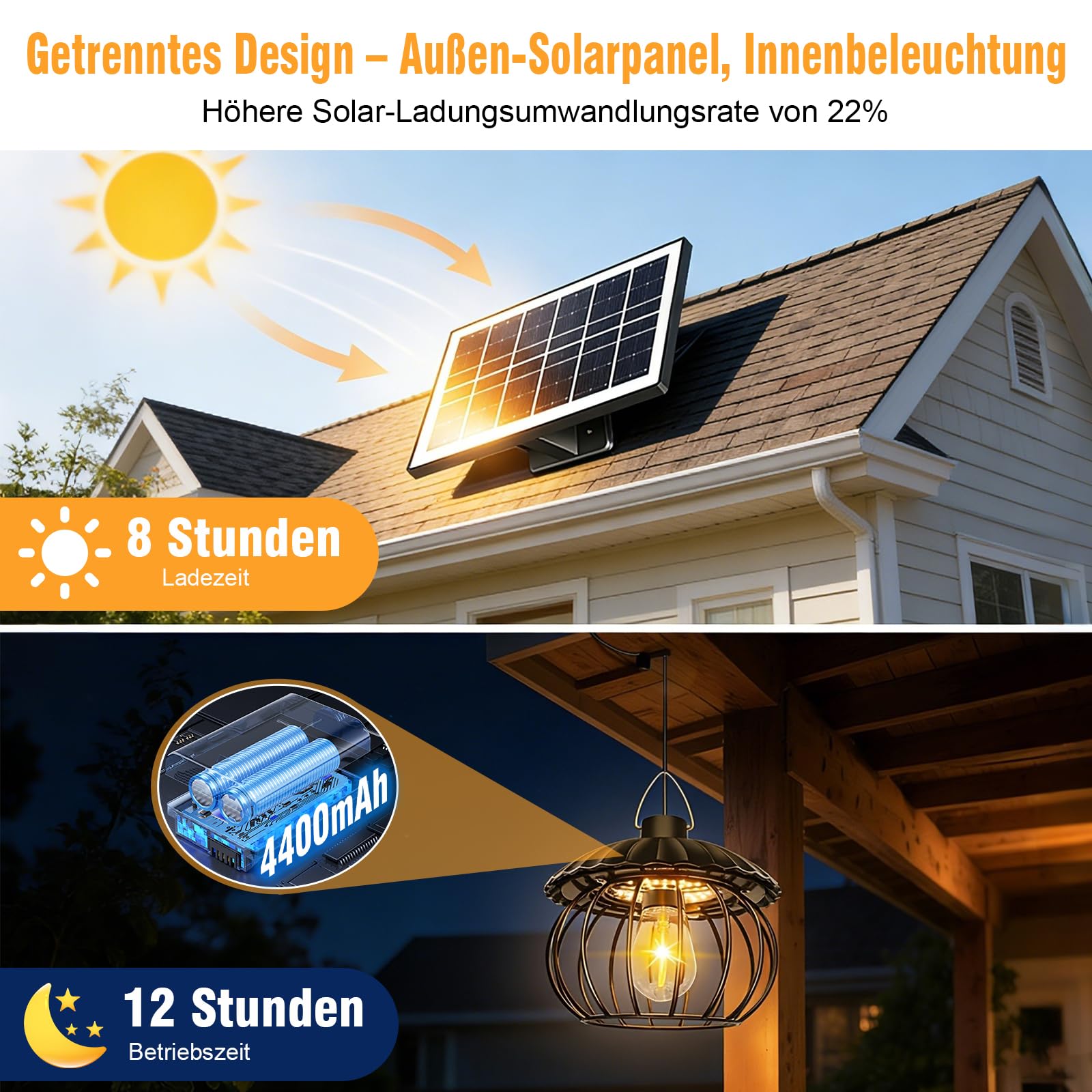 ChunHee Solar Hängelampe für Außen, 4400 mAh, IP65, geteiltes Design, Schnellladefunktion