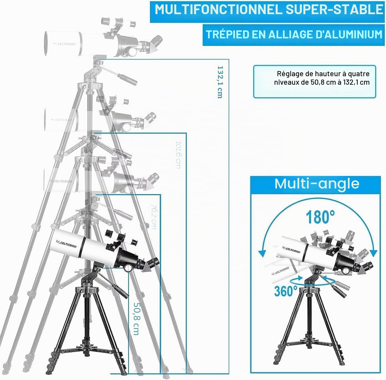 Télescope HD Haute Puissance, Ouverture de 80 mm, 600 mm, télescope réfractif astronomique pour Adultes et débutants - Objectif FMC - Monture AZ avec Adaptateur de trépied et Sac de Transport.