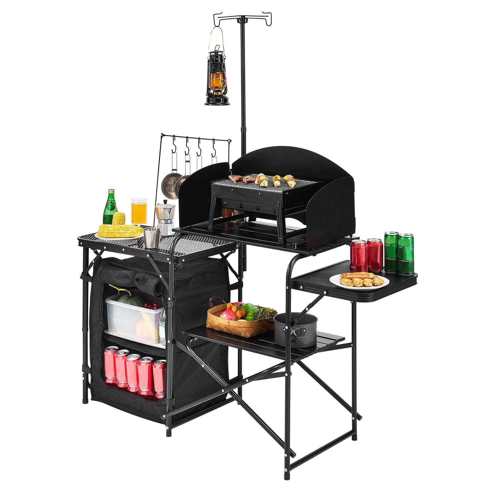 VEVOR Mesa de Cocina para Acampar al Aire Libre, de Aluminio, con Armario de Almacenamiento, Bolsa de Transporte, Parabrisas Desmontable, Apto para Barbacoa, Fiesta, Pícnic, Viajes en RV, Negro