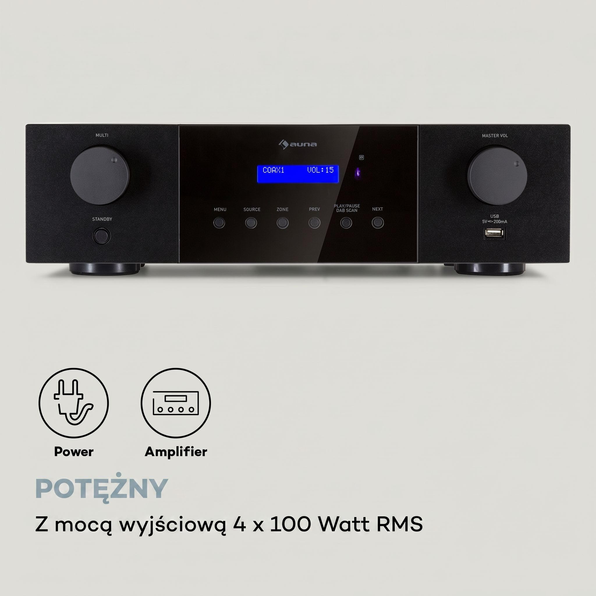 AUNA AMP-4000 Wzmacniacz stereo HiFi z radiem Dab+, pilotem USB, wyświetlaczem LED, czarny