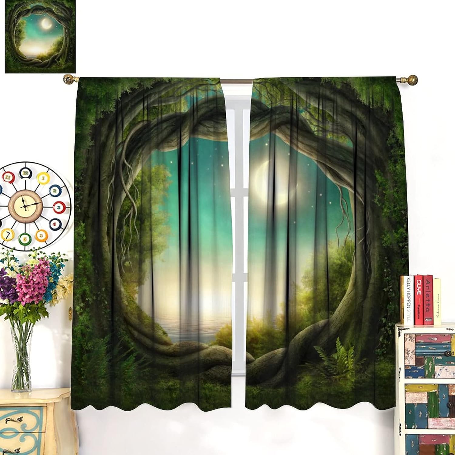 Fairy Forest Blackout Windows Curtains, Trees in Enchanted Forest Full Moon Artwork Curtains, for Kids Living Room Bedroom Decoration 42x45in 2 Panels