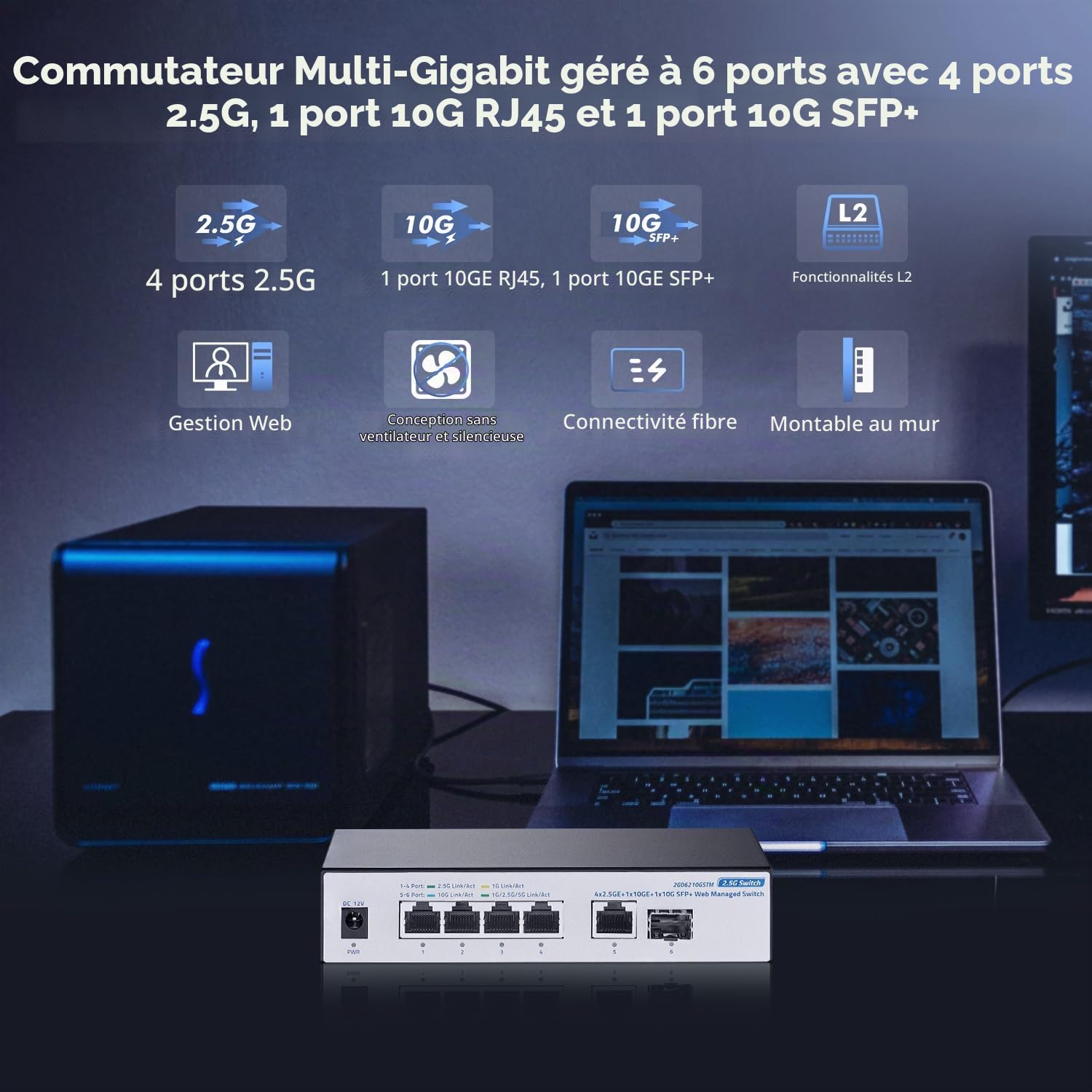 YuLinca 10G Web Managed Switch, 4x2.5G RJ45 + 10G RJ45 + 10G SFP Ports, LACP/VLAN/QoS, Fanless Metal, pour NAS/Gaming/8K Streaming