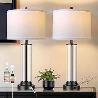 QiMH Touch Control Table Lamps Set of 2 with USB Ports, 3-Way Dimmable Bedside Lamp for Living Room Bedroom House, Modern Nightstand Lamp with 2 LED Bulbs(Black)