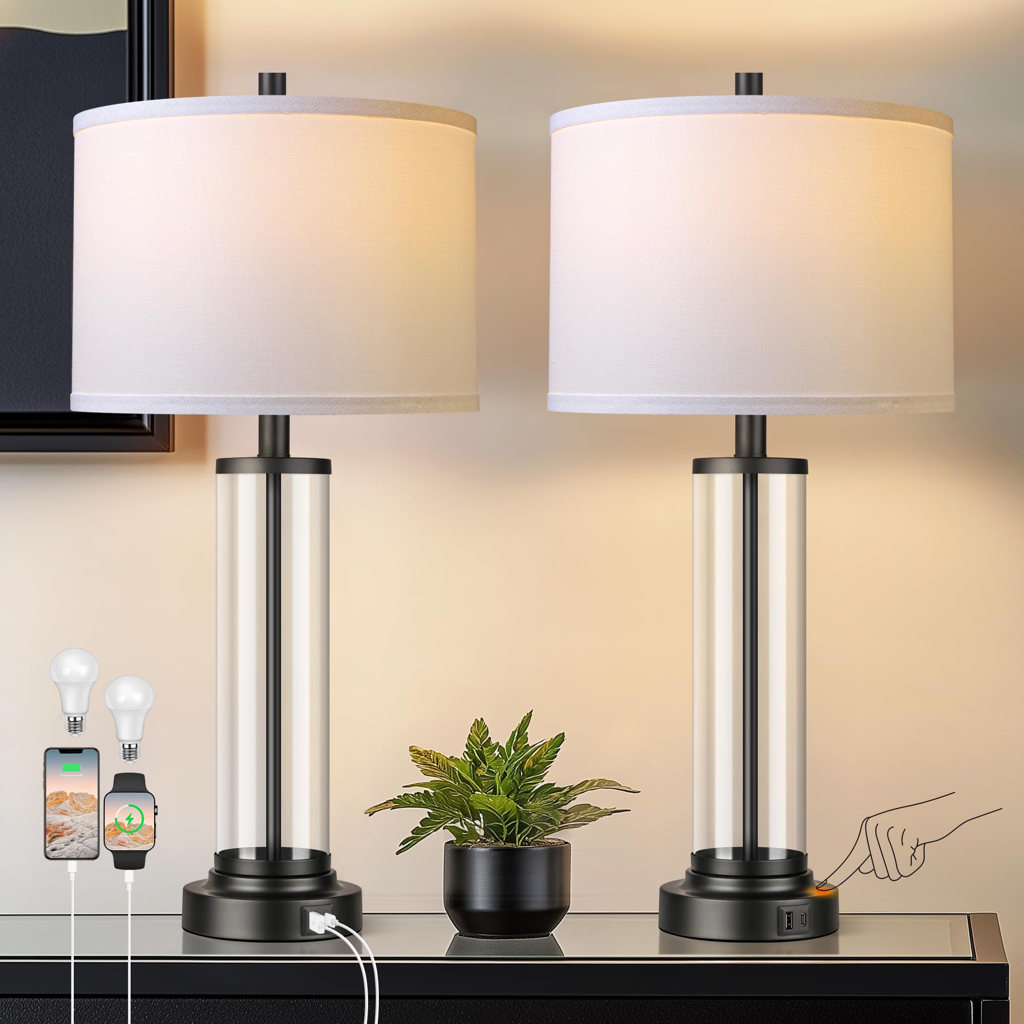 Touch Control Table Lamps Set of 2 with USB Ports, 3-Way Dimmable Bedside Lamp for Living Room Bedroom House, Modern Nightstand Lamp with 2 LED Bulbs(Black) ( similar in stock)