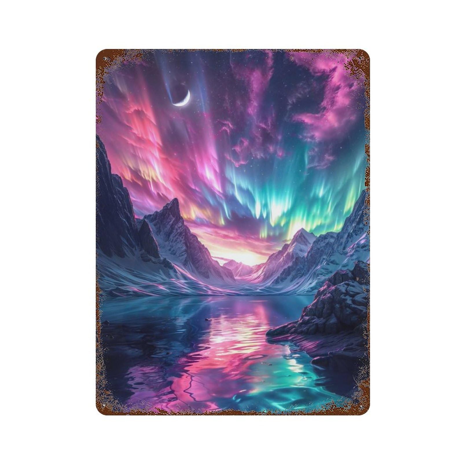 Aged Metal Wall Plaque with Aurora Borealis Mountain Design 15.7"x11.8", for Basement, Hobby Room And Garage Decor, Farmhouse Wall Decor