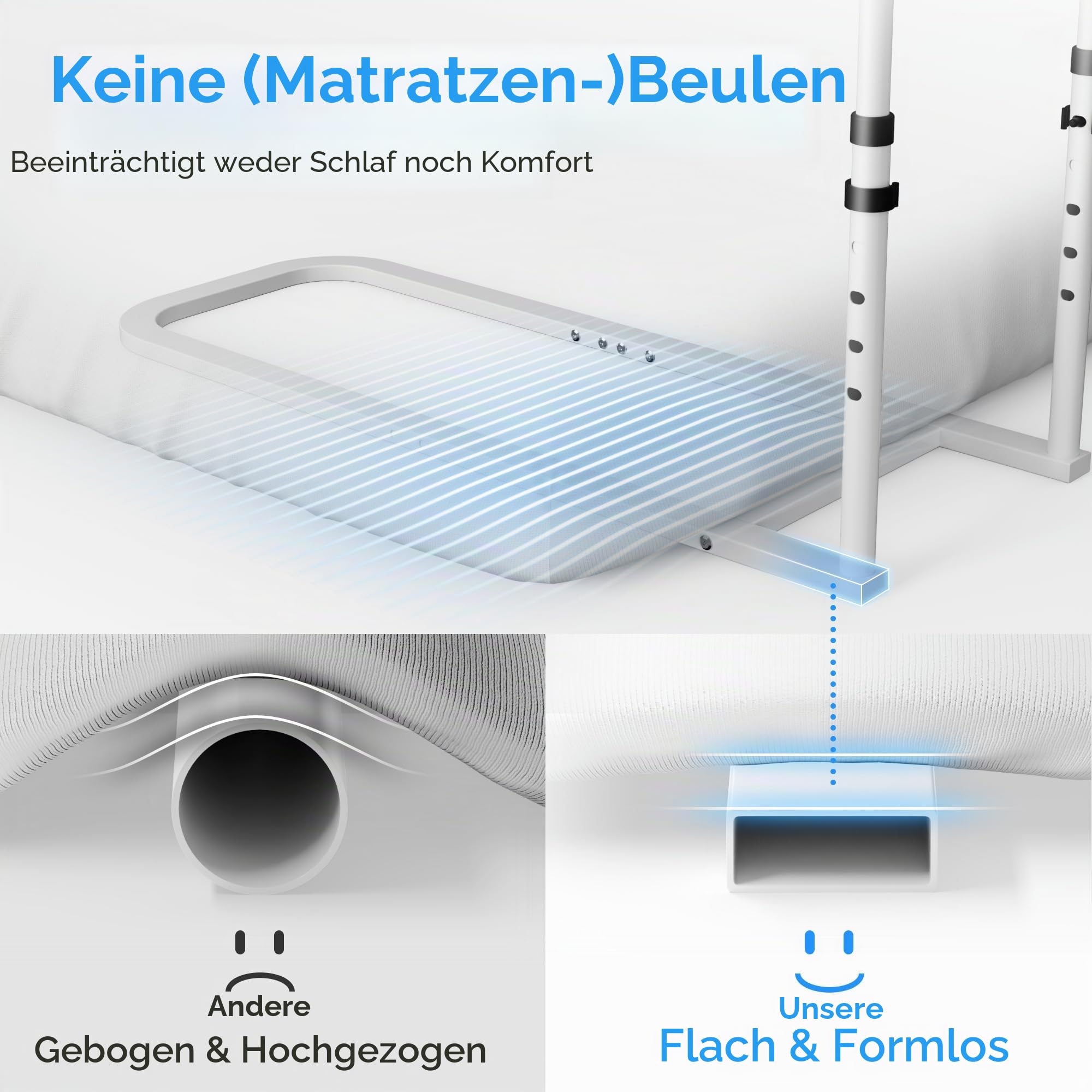 Bettgitter für Erwachsene, höhenverstellbar, Flachrohr-Design, mit Aufbewahrungstasche und rutschfestem Griff, Bettstütze zum sicheren EIN- und Aussteigen, belastbar bis 136 kg