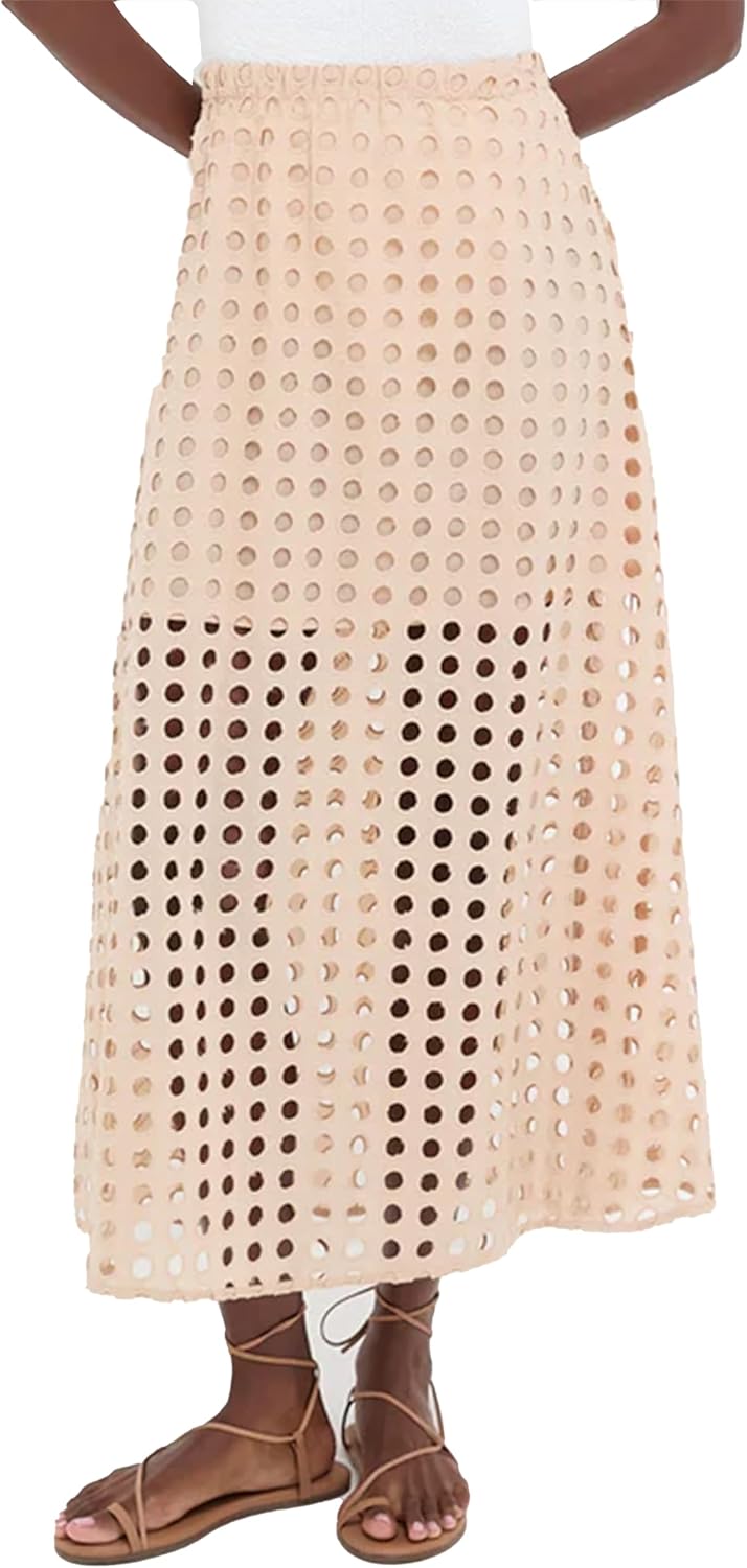 Fiona Jolin 2026 Women Summer Casual Eyelet Bohemian Maxi Skirt Beach Long Skirt with Mini Underneath