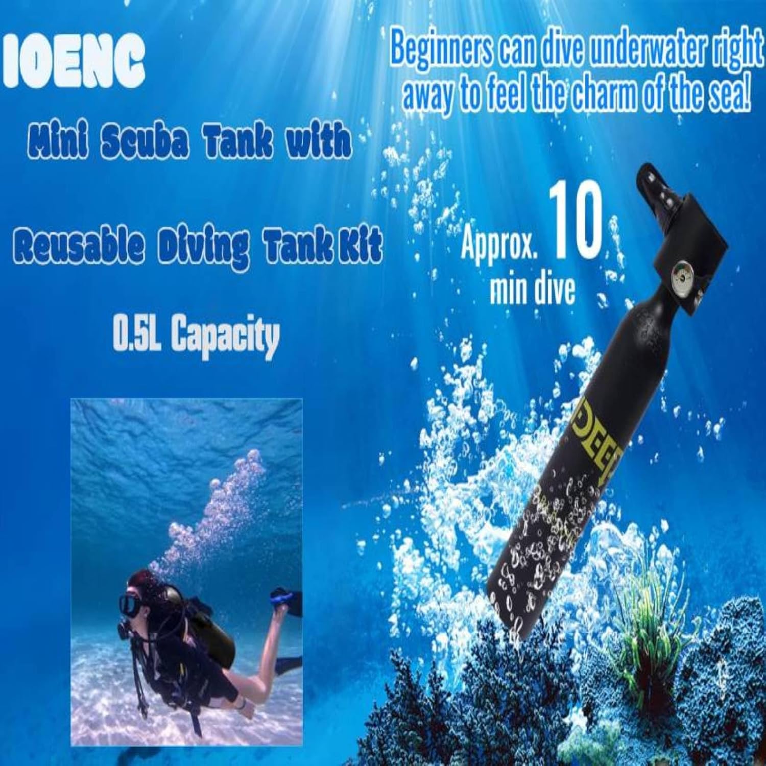 Mini Scuba Tank with Reusable Diving Tank Kit 0.5L Capacity Mini Scuba Diving Tanks That Support 5-10 Minutes of Underwater Breathing Dive Portable Lungs for Diving
