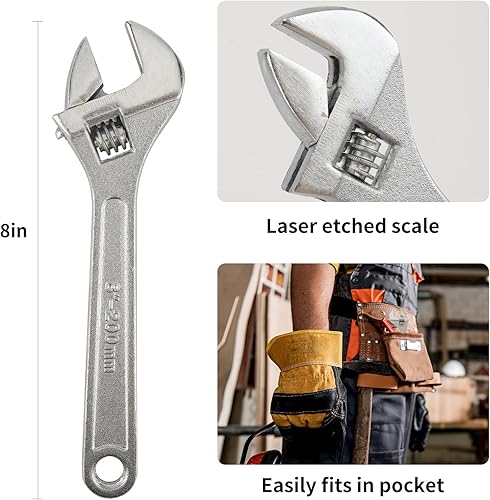 Miniatura 3 de Llave ajustable de 8 pulgadas, acero forjado en caída de alto rendimiento con escala grabada con láser, herramienta de precisión resistente al