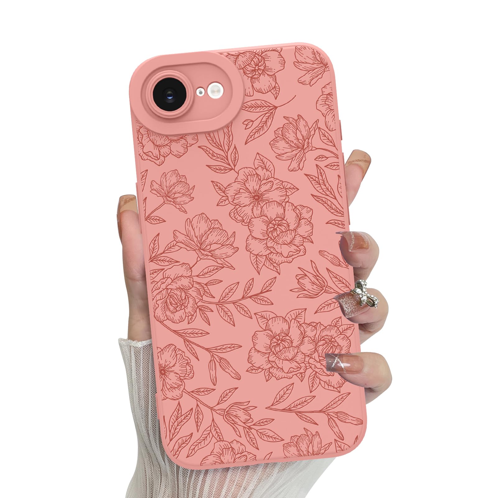 MZELQ for iPhone 16E Case, Silicone Floral Flower Rose Cute Pattern, Camera Protection Soft Slim Phone Case for Girls Women -Pink