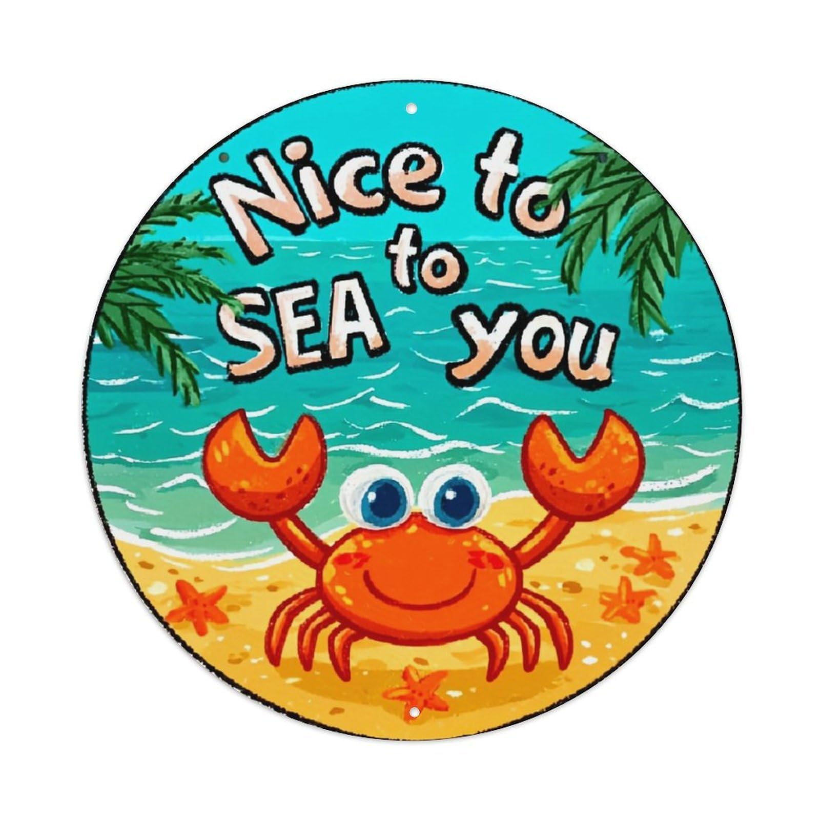 Crab Beach Palm Sea Wave Vintage Round Tin Sign Retro Metal Wall Decor Metal Poster, Home Bar Garage Cafe Wall Art Decoration 8x8Inches