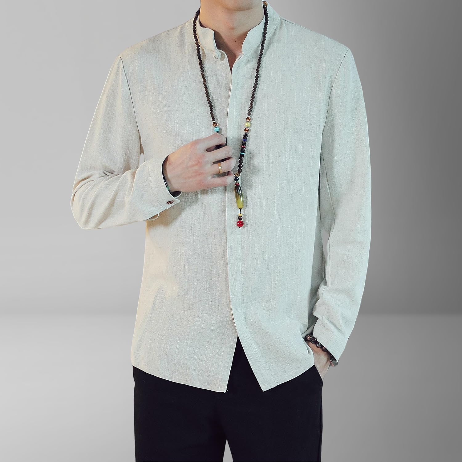 Camisa de manga larga para hombre, de lino y algodón, con cuello alto, estilo chino, primavera y otoño