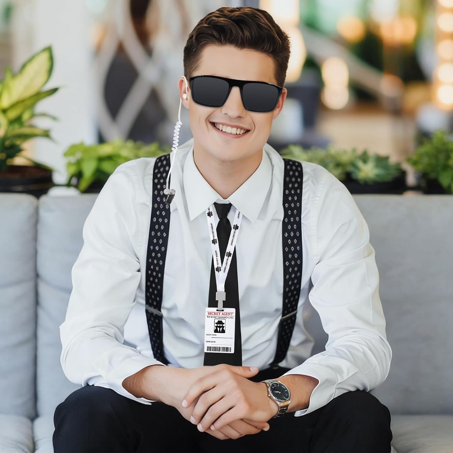 5PCS Secret Agent Costume Accessories, Detective Badge Costume Secret Agent Accessories Includes Sunglasses Zip Tie Secret Agent Lanyards Pass Card Agent Earpiece and Earbud for Cosplay Accessories
