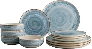 Corona 12-piece Blue Tribal Hand-Painted Details Ceramic Dinnerware Sets | Plates and Bowls | Service For 4 | Congo