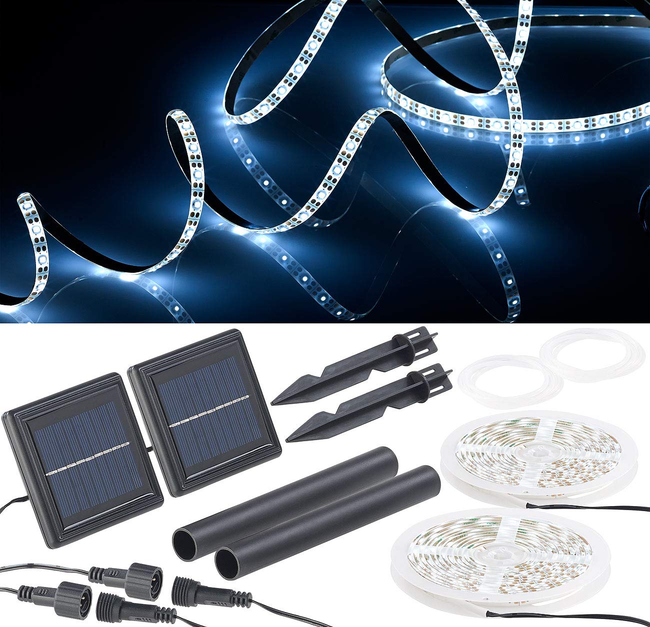 Lunartec Solar Lichtleiste: 2er-Set Solar-LED-Streifen mit 180 tageslichtweißen LEDs, IP65 (Lichterkette wetterfest, Lichtleiste Outdoor)