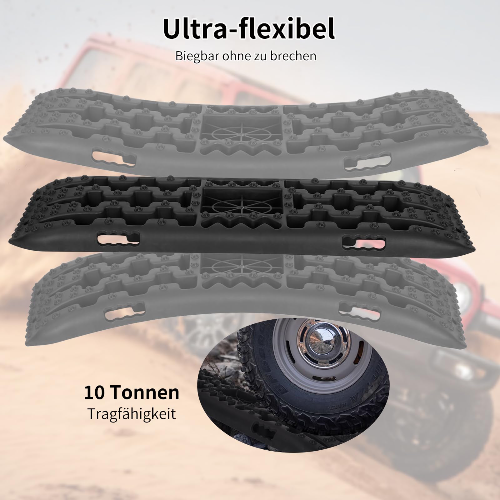 Vinteky 2 Stücke Sandbleche Traktionsmatte Kunstoff Anfahrhilfe Recovery Board Tracks mit Aufbewahrungstasche und Installationstool 10T Last für Geländewagen Wohnmobil PKW LKW Offroad