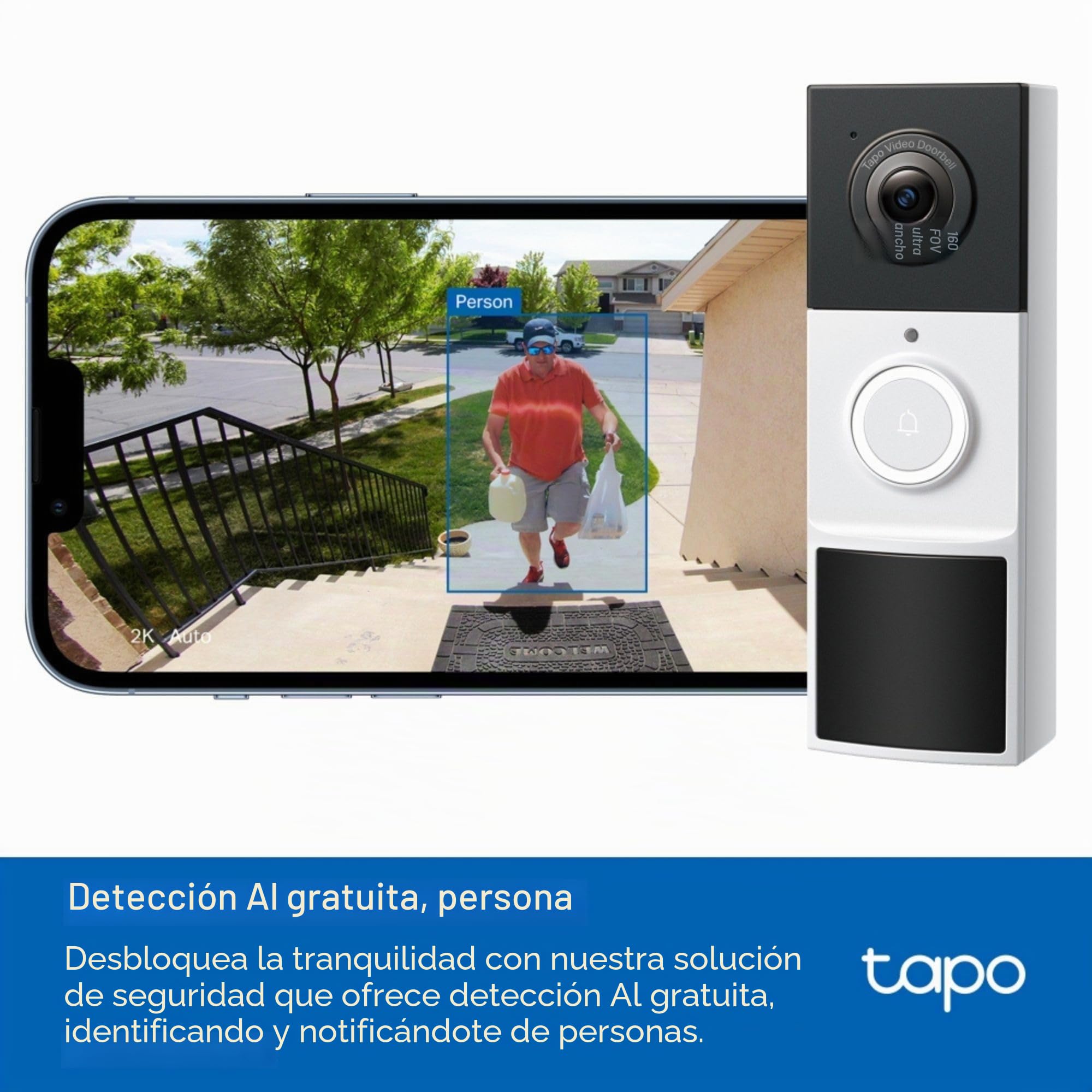Tapo D210 - Timbre inalámbrico 2K 3MP cámara Ultra Transparente, Timbre de Video inalámbrico, Timbre de Timbre Incluido, Noche de Color, detección de IA sin TP-Link, IP65, batería de 6 Meses, sin