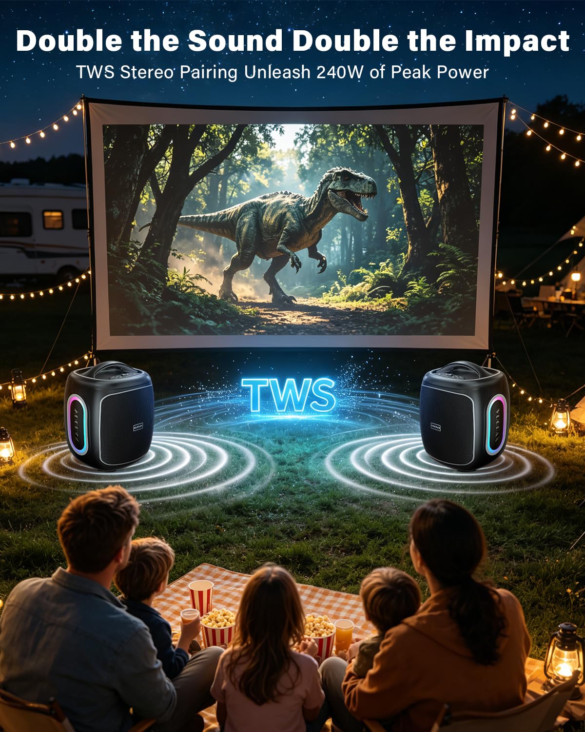 Enceinte Bluetooth Puissante 120W Crête, Grande Enceinte avec Basses Renforcées, Poignée de Transport, Autonomie 30h, Bluetooth 5.4, IP65 Étanche, TWS, RGB, pour Camping, Jardin et Fête