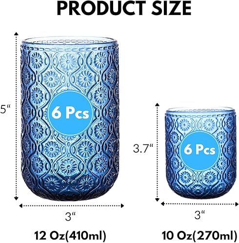 Miniatura 5 de Juego de 12 vasos azules para beber, 12 onzas Highball y vasos de cóctel de 10 onzas, juego de cristalería vintage de cocina azul, vasos de vidrio