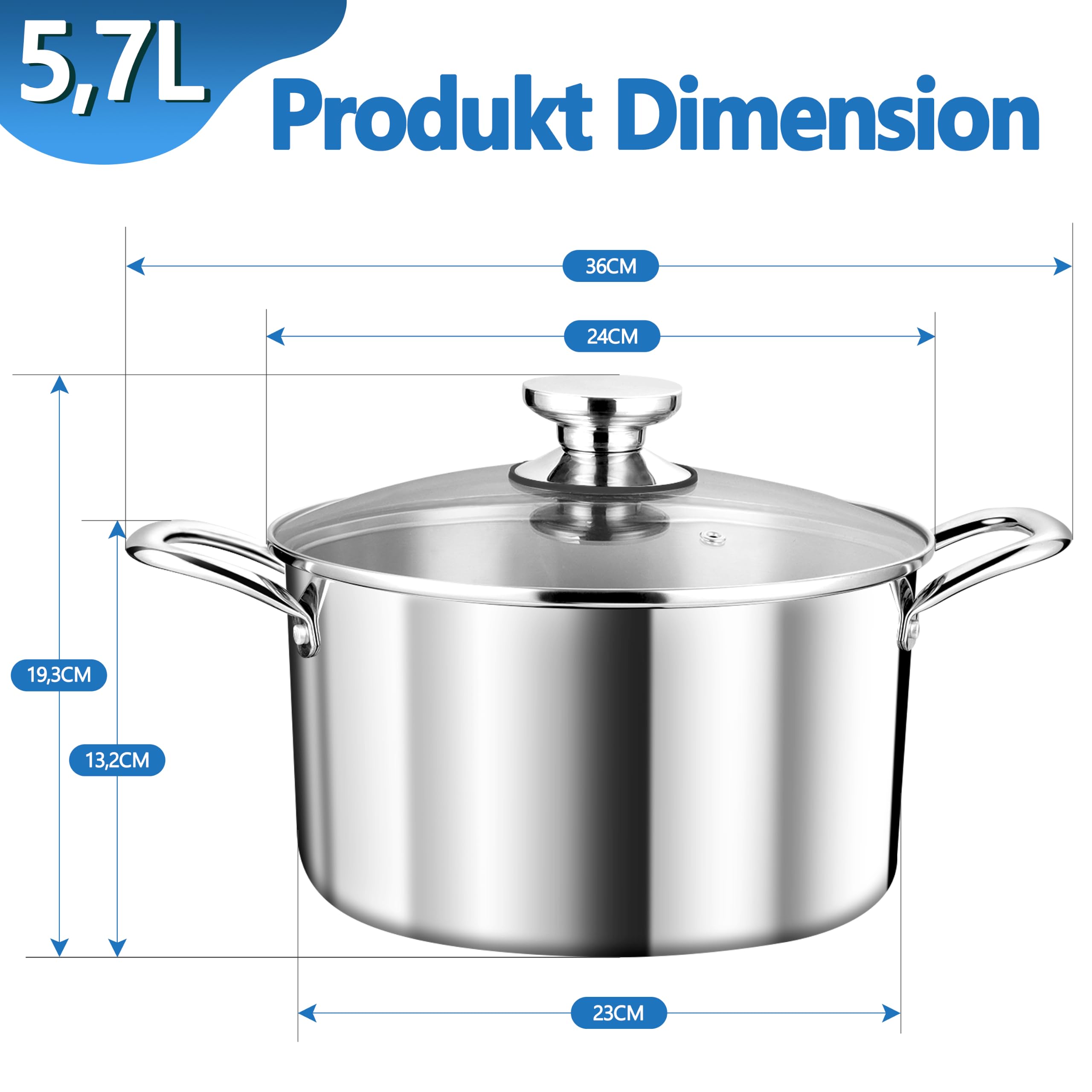 TEAMFAR Olla grande de 24 cm, 3 capas de acero inoxidable de 5,7 l, olla con tapa de cristal para todo tipo de cocinas, olla de sopa para pasta de inducción, acero inoxidable pulido y sin