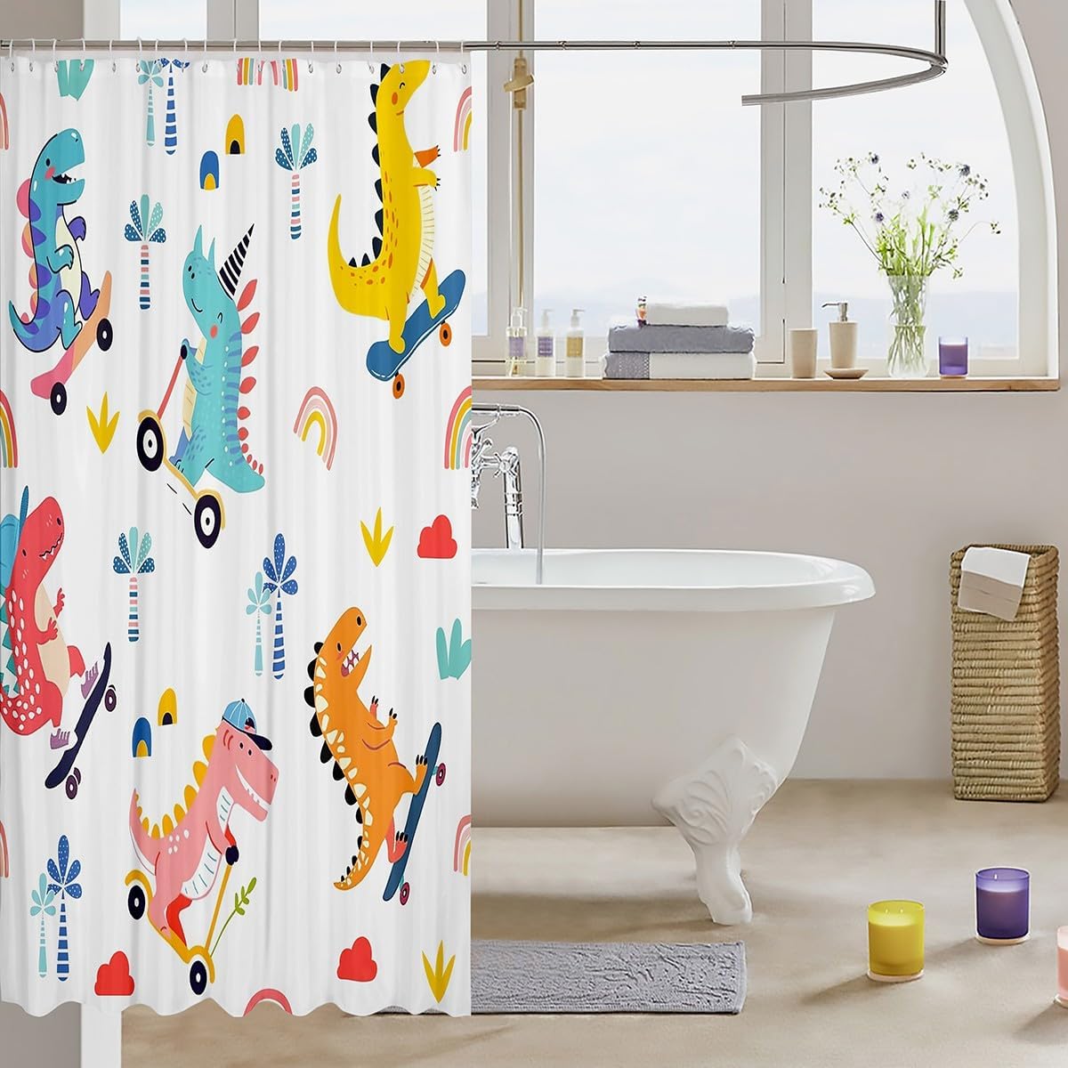 Homewish Cartoon Dinosaur Shower Curtain,Skateboard Sports Bathroom Curtain for Kids Boys Teens Room Decor,Cute Rainbow Palm Tree Waterproof Curtains Wild Animals Bath Curtains,12 Hooks,72" Wx72 L image 3